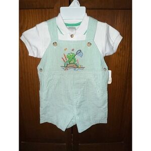 Starting Out Baby Boy Seersucker Frog Shortalls and Polo Set 9M New